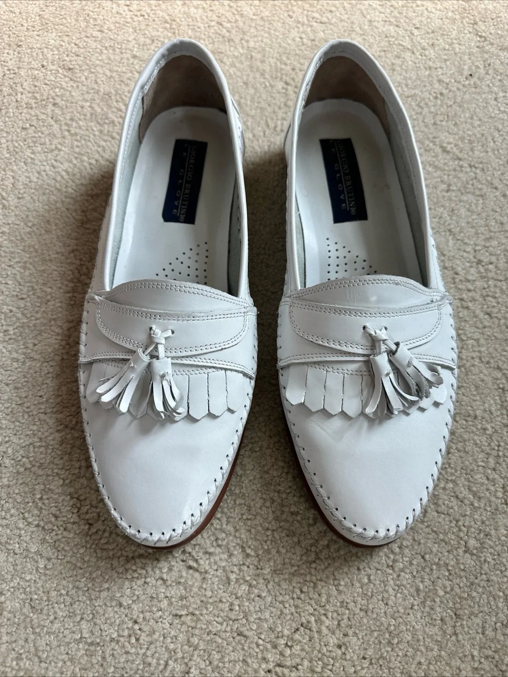 Giorgio Brutini White Leather Tassel Kiltie Loafers
